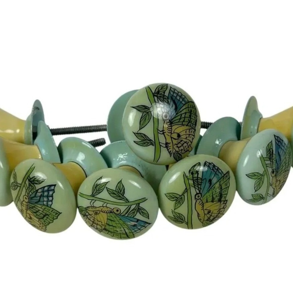 Vintage Handpainted 70s Butterfly Ceramic Drawer Pull Knobs Mid Century Boho (6)